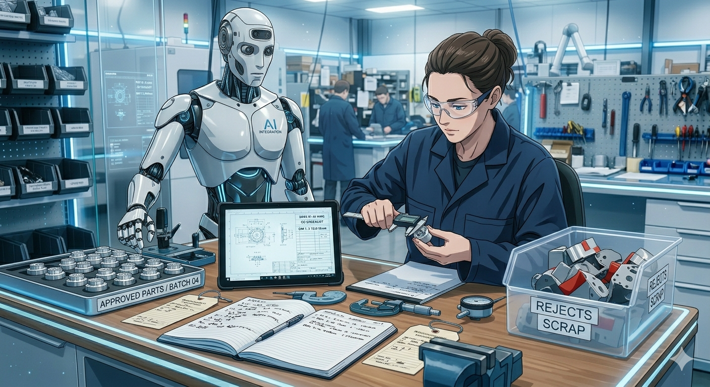 A careful engineer inspecting AI-generated parts on a workbench in a tidy industrial workshop, with gauges, calipers, test fixtures, open notebooks, and a labeled rejection bin for sloppy pieces.